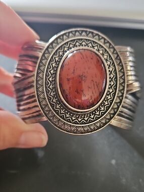 Premier Designs Silver-Tone Cuff Bracelet with Rust Orange Stone